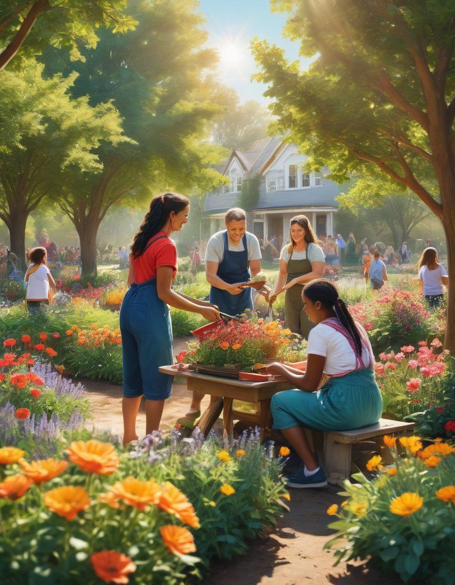 A diverse group of people joyfully engaging in various community activities like gardening, cooking, and sharing stories in a lush, colorful park setting. The sun is shining brightly, with vibrant flowers and trees around them, symbolizing unity and happiness. The expressions on their faces radiate warmth and contentment. The scene captures a sense of togetherness and collaboration, highlighting the importance of community. vibrant colors. super-realistic. outdoor. uplifting.