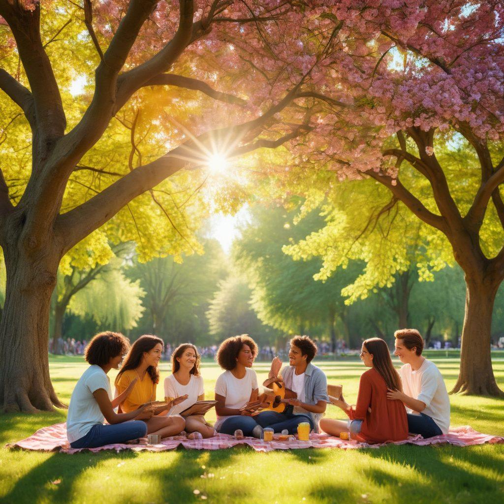 A diverse group of friends gathered in a sunny park, sharing laughter and support as they engage in various activities like playing music, sharing books, and enjoying a picnic. The scene radiates warmth and connection, showcasing vibrant smiles and intertwined arms symbolizing unity. The background features blooming trees and shimmering sunlight, embodying joy and togetherness. colorful and uplifting. 3D. vibrant colors.